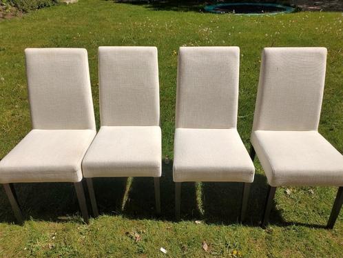 Eetkamerstoelen wit stof met zwarte poten, Huis en Inrichting, Stoelen, Gebruikt, Vier, Stof, Wit, Ophalen
