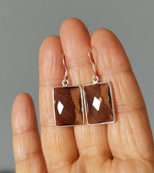 925 zilveren oorbellen met natuurlijke Rookkwarts steen, Sieraden, Tassen en Uiterlijk, Oorbellen, Nieuw, Hangers, Zilver, Bruin