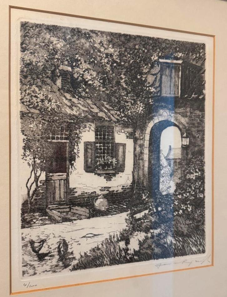 Ets boerderij met kippen Jan van Rijsewijk, Antiek en Kunst, Kunst | Litho's en Zeefdrukken, Ophalen of Verzenden