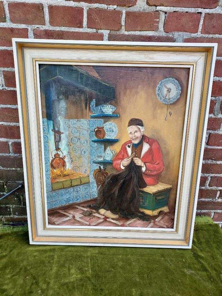 Schilderij Larens interieur, man bij openhaard., Antiek en Kunst, Kunst | Schilderijen | Klassiek, Ophalen of Verzenden