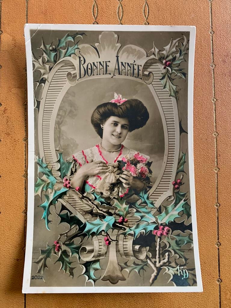 Bonne Année - dame, hulst, Verzamelen, Ansichtkaarten | Themakaarten, Ophalen of Verzenden, Voor 1920, Gelopen, Feest(dag)