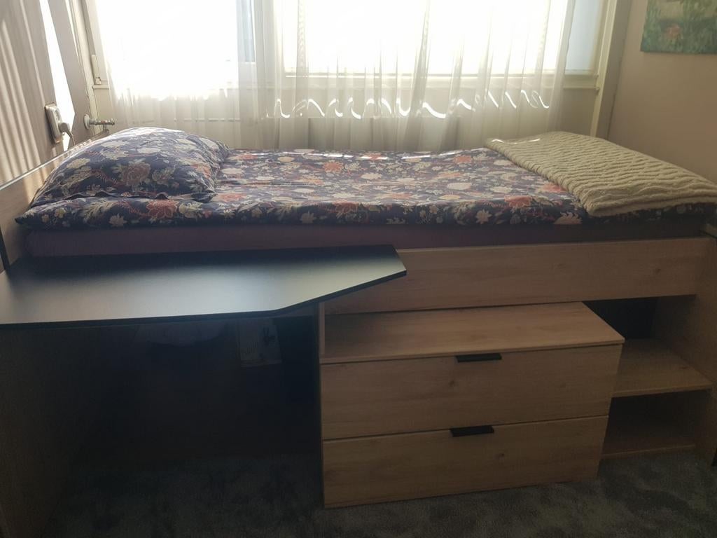 Bed met bureau, Ophalen, 90 cm, Eenpersoons, Zo goed als nieuw