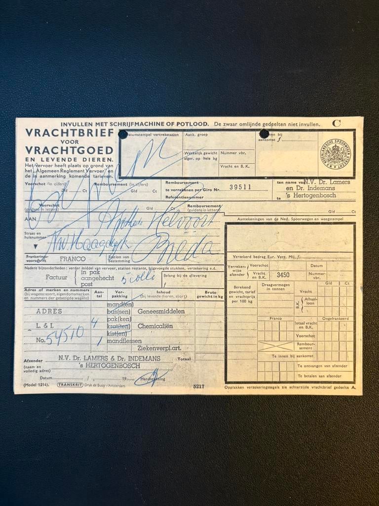 Vrachtbrief HT - BD Diverse geneesmiddelen (±1955), Ophalen of Verzenden, Gebruikt, Trein