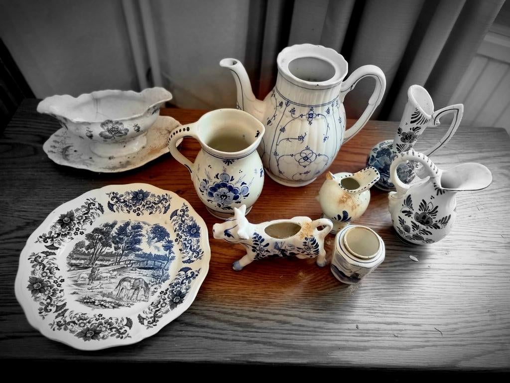 Antiek Delfts Blauw en Sarreguemines Serviesgoed Collectie, Antiek en Kunst, Ophalen