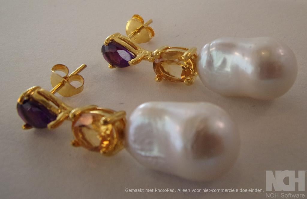 Nieuwe zilveren oorbellen 14K verguld amethist citrien parel, Sieraden, Tassen en Uiterlijk, Oorbellen, Hangers, Verzenden, Wit