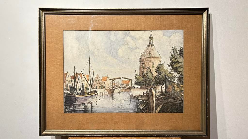 Hoorn - Hoofdtoren met ophaalbrug - Gemengde techniek, Antiek en Kunst, Kunst | Schilderijen | Klassiek, Ophalen of Verzenden
