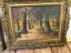 Oud schilderij: Bosgezicht met pad en gouden lijst, Ophalen of Verzenden