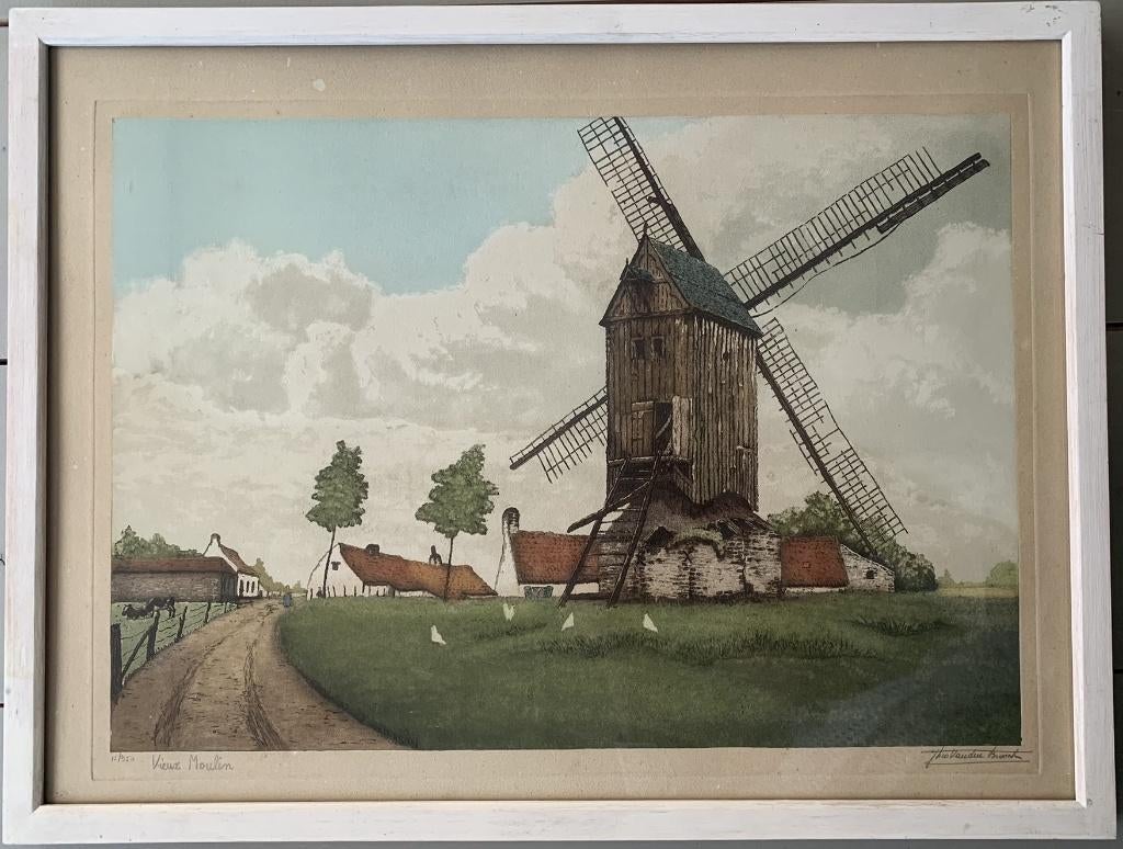 "Vieux Moulin" - Ingekleurde Ets - Theo van den Broeck, Antiek en Kunst, Kunst | Etsen en Gravures, Ophalen of Verzenden, Landschap
