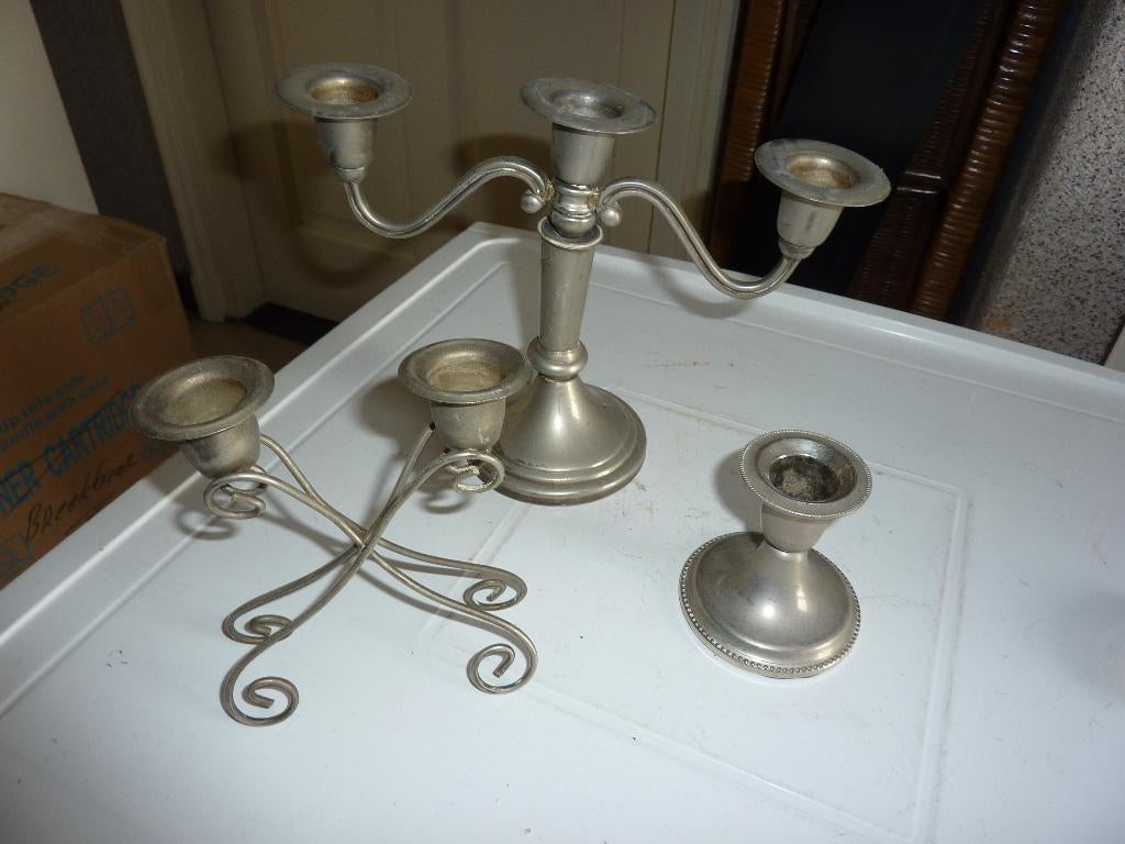 3 antieke kandelaars verchroomd verzilverd ?, Ophalen of Verzenden, Overige materialen
