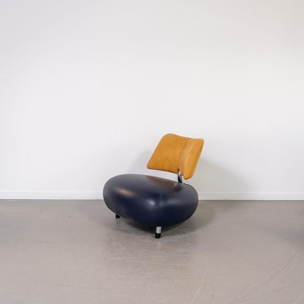 1x Leolux Pallone Fauteuil Blauw Leer/Geel Suède - Chroom, Niet ingevuld, Gebruikt, Leer, Niet ingevuld