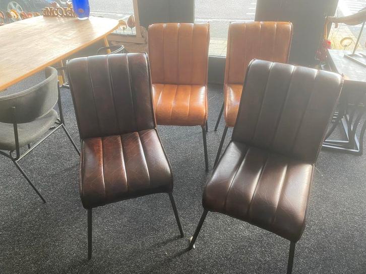 Set van 4 vintage eetkamerstoelen echt leer en metaal, Huis en Inrichting, Stoelen, Gebruikt, Vier, Leer, Bruin, Ophalen
