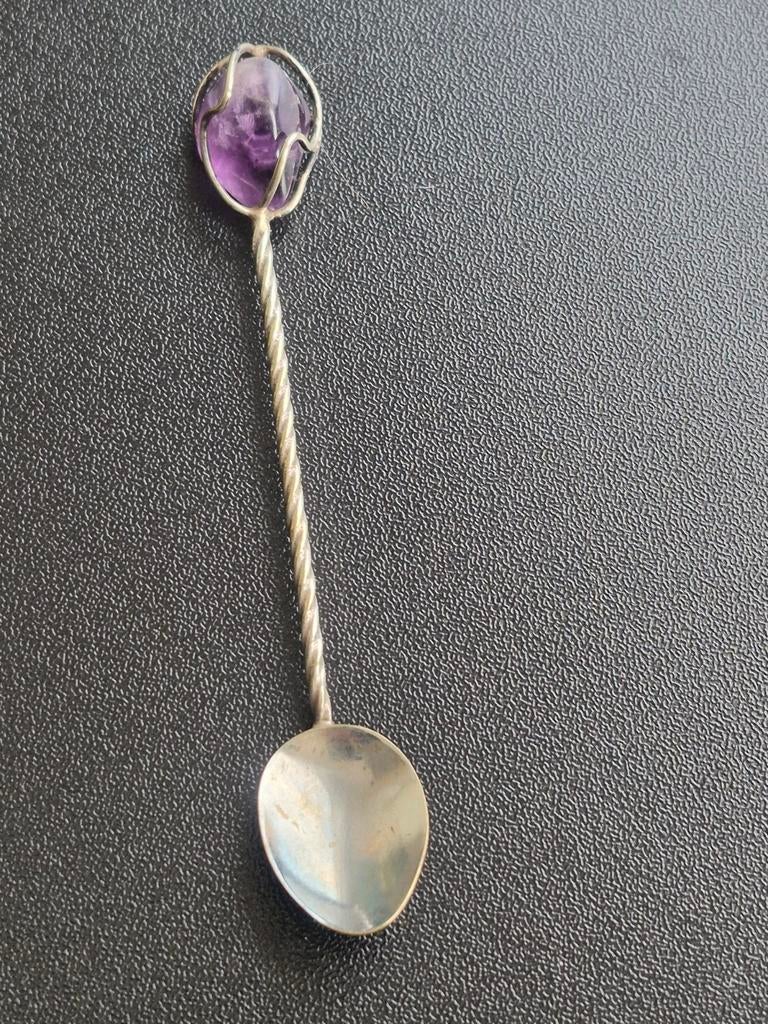 Vintage zilver / verzilverd lepeltje met amethist steen, Ophalen of Verzenden