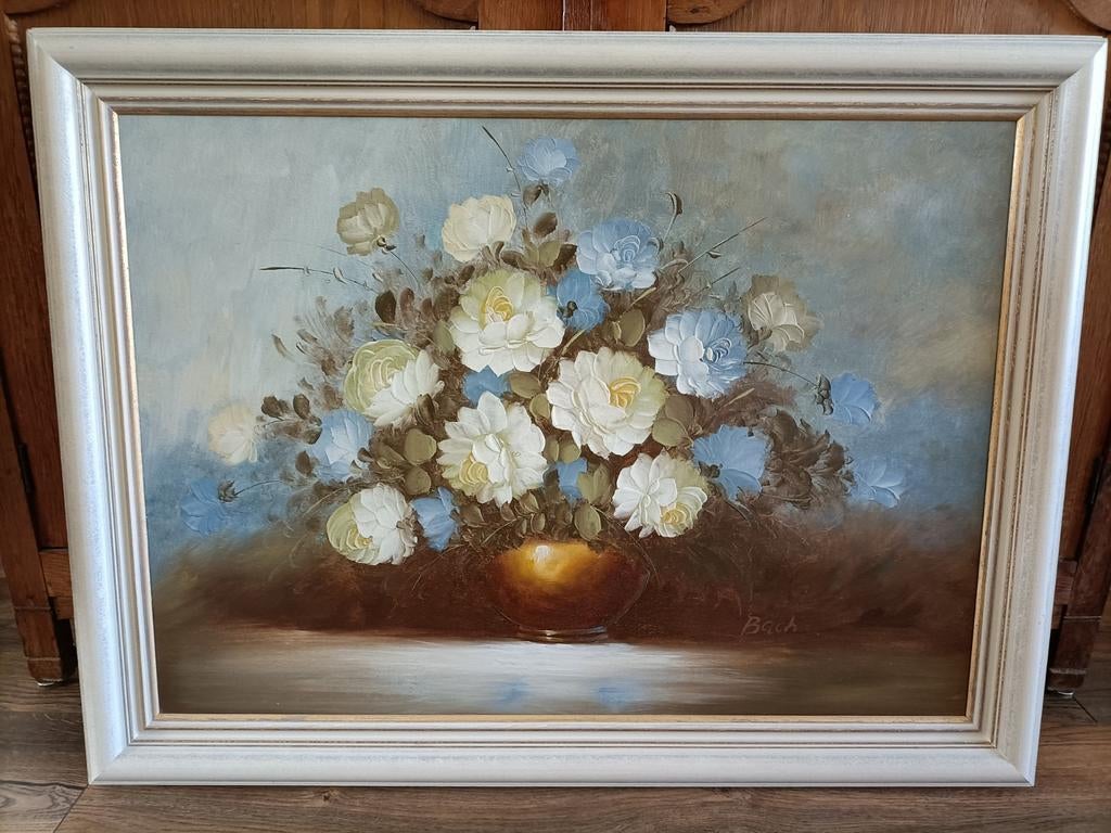 Schilderij bloemen in vaas, gesigneerd A. Bach, Antiek en Kunst, Ophalen