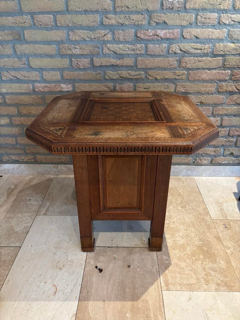 Antieke Schaaktafel met Inlegwerk - 62,5x62,5x59cm, Huis en Inrichting, Gebruikt, On, On, 55 tot 75 cm