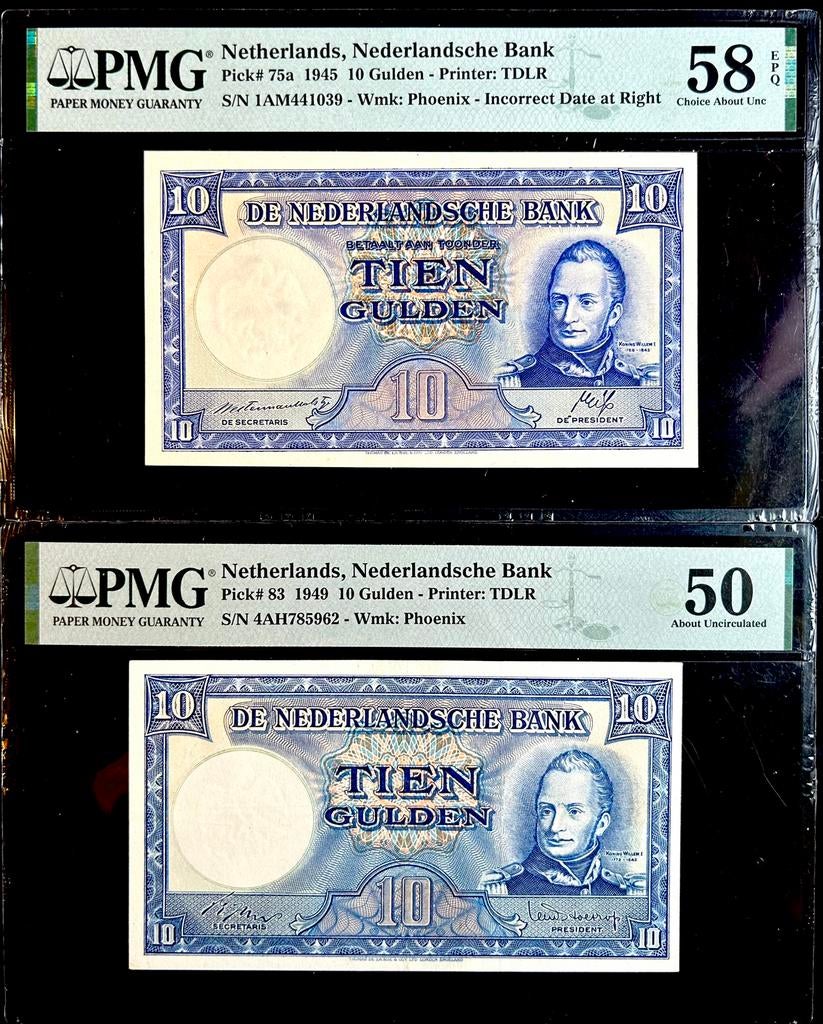 PMG Setje: 2x 10 GLD. 1945 - 1949, Postzegels en Munten, Bankbiljetten | Nederland, Ophalen of Verzenden, 10 gulden