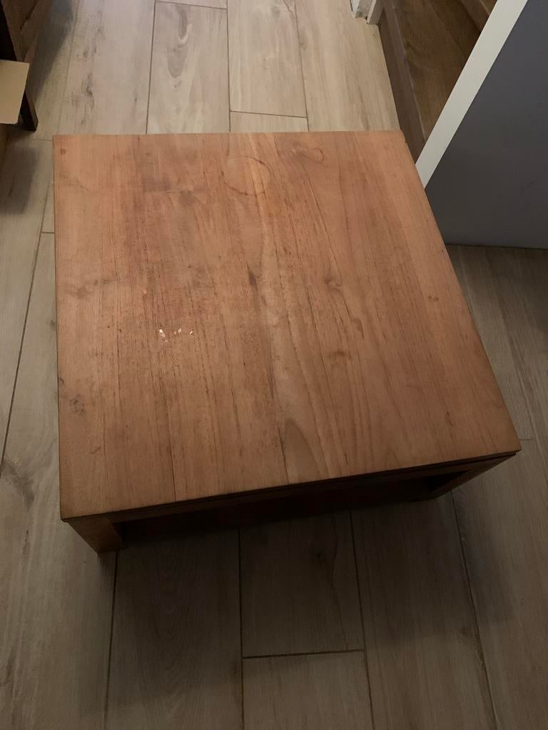 Teakhouten salontafel 80x80 cm met handig plateau, Huis en Inrichting, Tafels | Salontafels, Ophalen, Gebruikt, 50 tot 100 cm