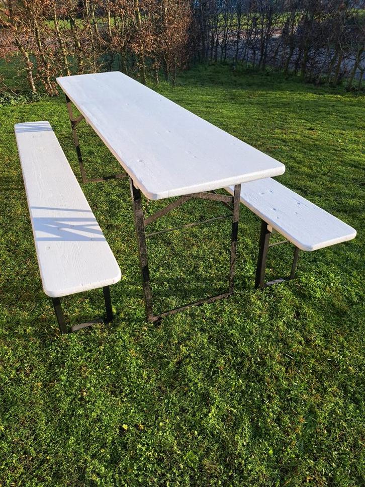 Complete Inklapbare Biertafel Set met 2 Banken, Tuin en Terras, Picknicktafels, Gebruikt, Rechthoekig, Hout, Inklapbaar, Ophalen