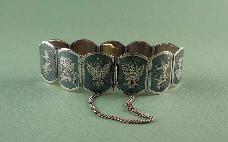 Sterling zilveren Niëllo armband uit Siam, jaren '40, Sieraden, Tassen en Uiterlijk, Antieke sieraden, Armband, Zilver, Verzenden