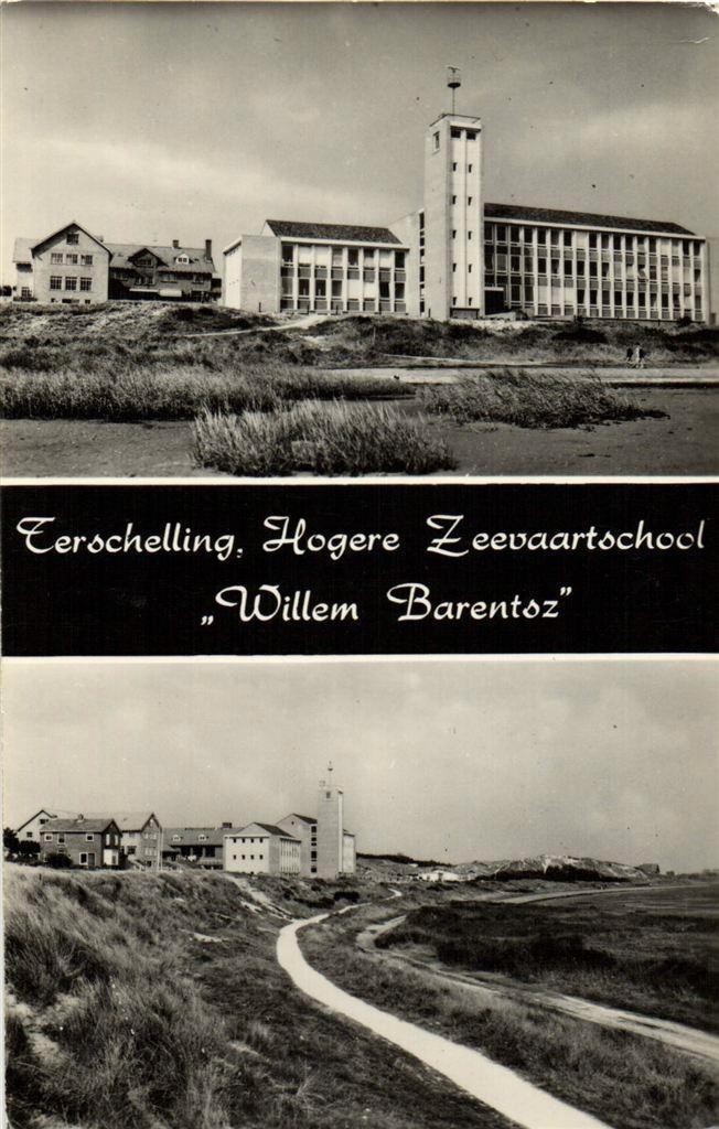 Terschelling, Hogere Zeevaartschool Willem Barentsz - 2 afb, Verzamelen, Ansichtkaarten | Nederland, Gelopen, Waddeneilanden, 1960 tot 1980