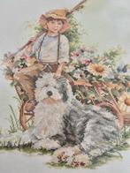 Vintage geborduurde schilderij ‘jongen met hond’, Ophalen of Verzenden, Zo goed als nieuw, Overige typen