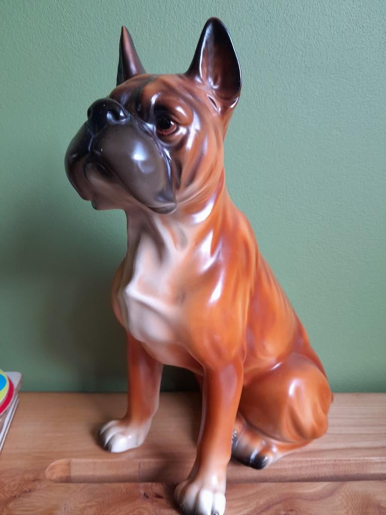 Vintage Bullboxer Beeld - Keramiek Boxer Hond, Verzamelen, Beelden en Beeldjes, Ophalen of Verzenden, Gebruikt, Dier