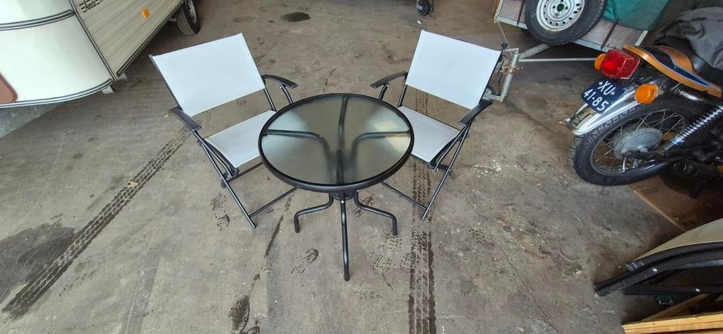 Bistro setje met twee stoelen en glazen tafel, Tuin en Terras, Tuintafels, Ophalen, Gebruikt, Rond, Metaal
