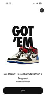 Nike Air Jordan 1x Union x Fragment Black and Varsity Red 43, Kleding | Heren, Schoenen, Ophalen of Verzenden, Nieuw, Zwart