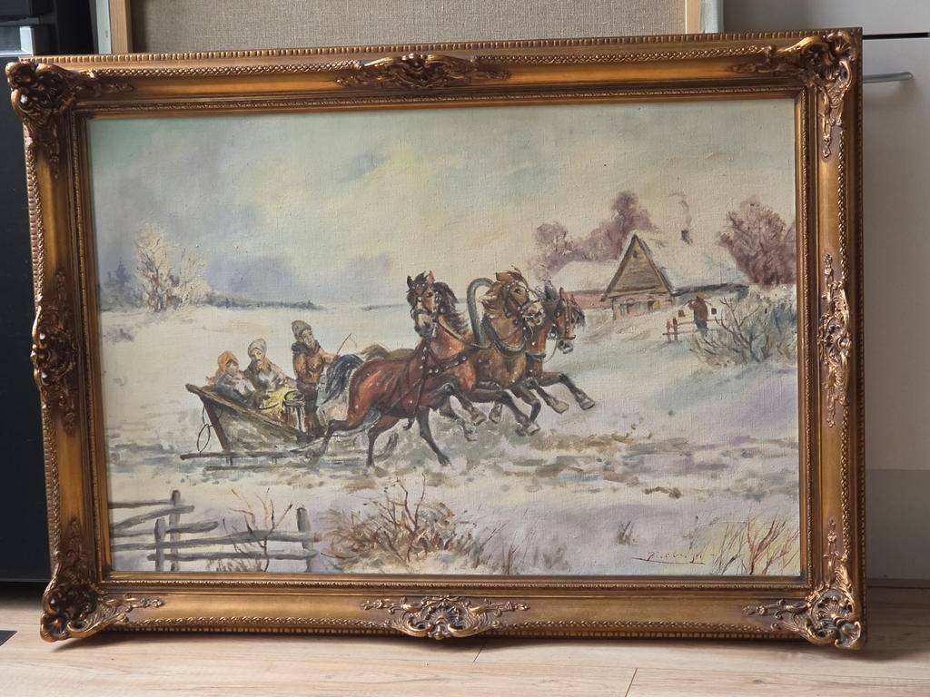 Schilderij: Winterlandschap met paardenslee, Ophalen of Verzenden