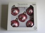 5 vintage roze glazen kerstballen met kerstboompjes dessin, Diversen, Kerst, Ophalen of Verzenden, Gebruikt