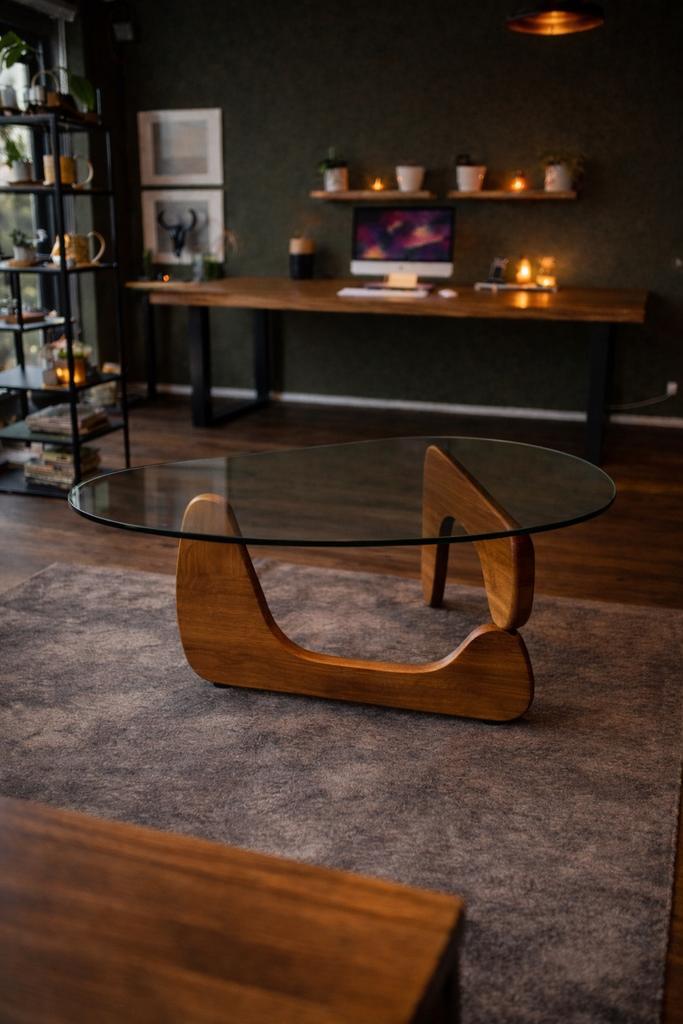 Replica Noguchi salontafel - smoked glas - design icoon, Huis en Inrichting, Tafels | Salontafels, Zo goed als nieuw, Minder dan 50 cm