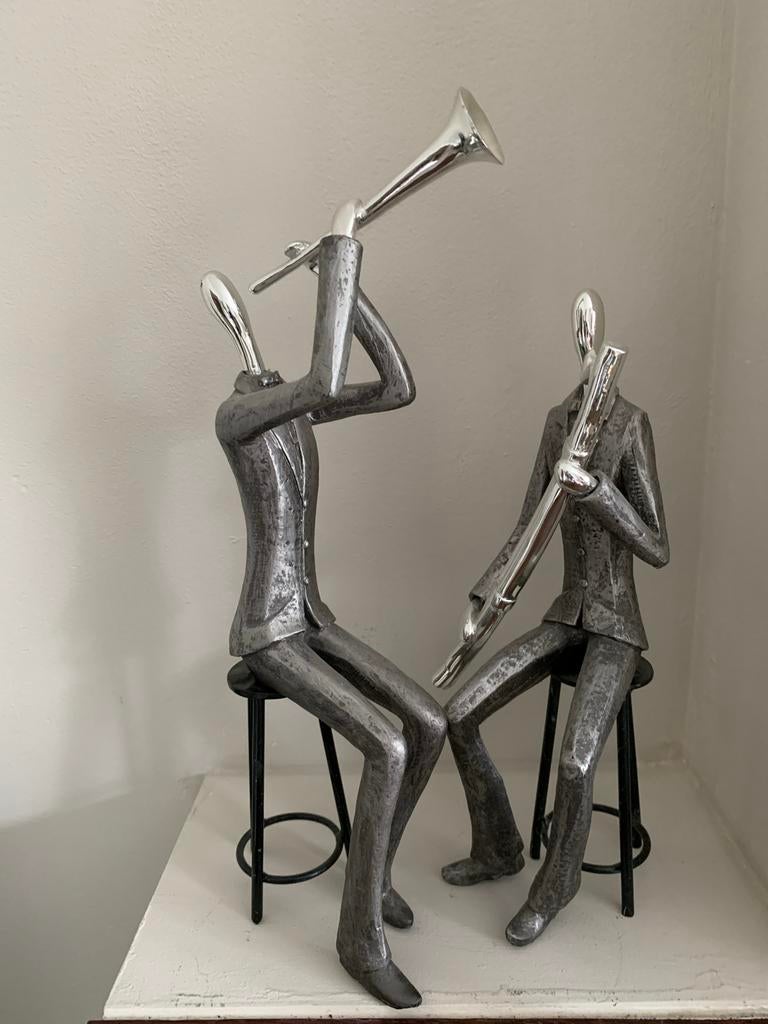 Decoratieve beelden: Jazzmuzikanten (trompet en saxofoon), Huis en Inrichting, Ophalen, Zo goed als nieuw, Zilver, Metaal