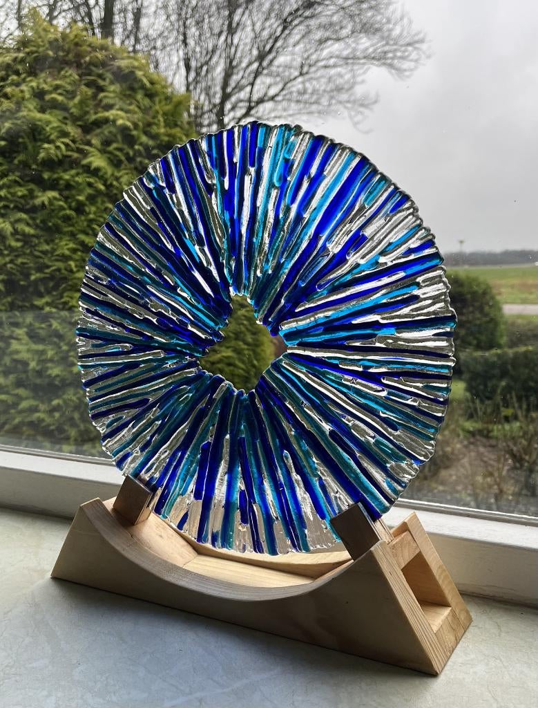 Glasplaat cirkel glasfusing hout staander blauw, Blauw, Overige stijlen, Nieuw, Ophalen of Verzenden