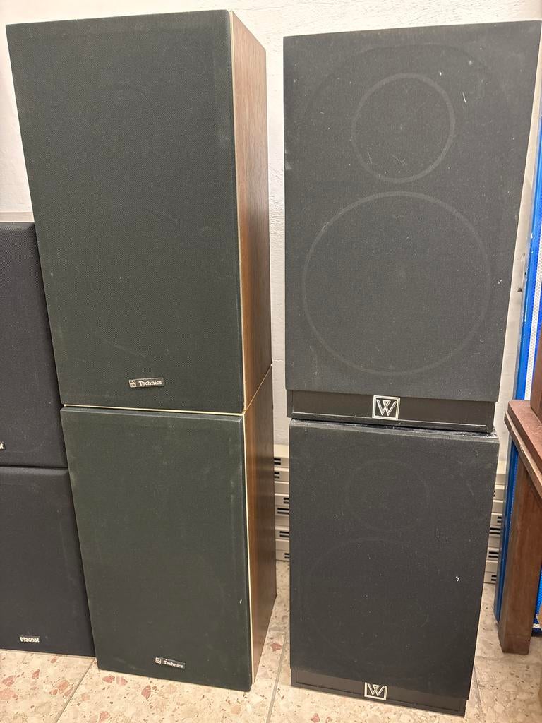 Technics SB-102 en Wharfedale 505.2 speakers - per set of pa, Gebruikt, 60 tot 120 watt, Front, Rear of Stereo speakers, Ophalen