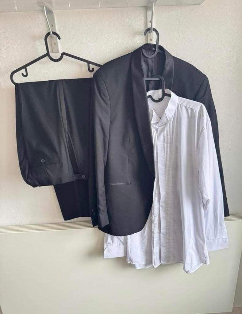 Smoking / Black Tie - Jasje 56, Broek 58, Overhemd XL, Ophalen of Verzenden, Gedragen, Overige maten, Zwart