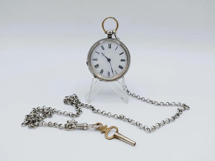 Zilveren zakhorloge met horlogeketting en sleutel, Sieraden, Tassen en Uiterlijk, Antieke sieraden, Zilver, Verzenden
