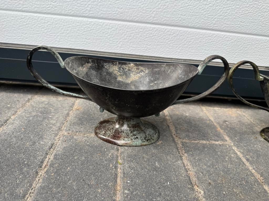 2 x jardinière metaal, Tuin en Terras, Bloembakken en Plantenbakken, Minder dan 30 cm, Rond, Ophalen of Verzenden, Zo goed als nieuw