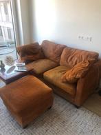Oker kalfsleren bank met poef, Ophalen, Gebruikt, 125 cm of meer, 75 tot 100 cm