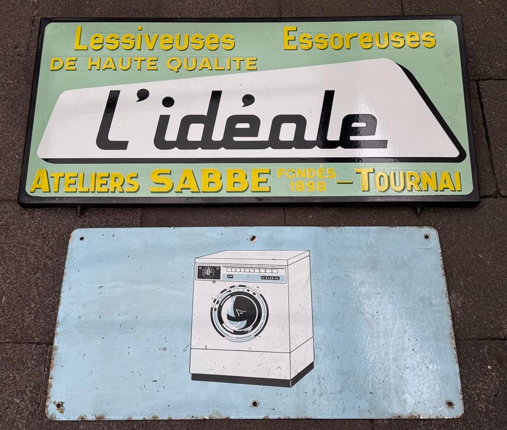 2x oud antiek emaille reclamebord wasmachines Belgie, Ophalen