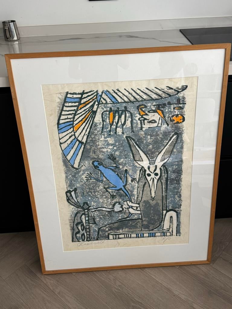 Oud schilderij op papyrus met lijst - Egyptische stijl, Antiek en Kunst, Ophalen