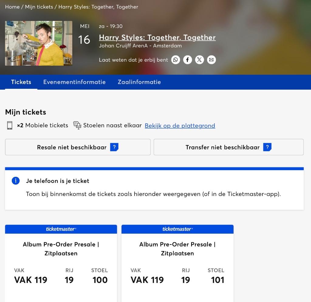 Harry Styles Arena 16 Mei 2 kaarten eerste ring, Tickets en Kaartjes, Twee personen, Mei