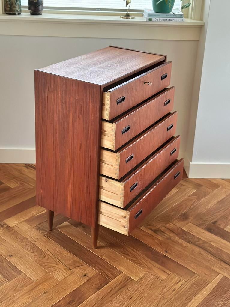 Vintage ladekast teak hout jaren 50/60 Deens Scandinavisch, Ophalen, Gebruikt, 5 laden of meer, Teakhout