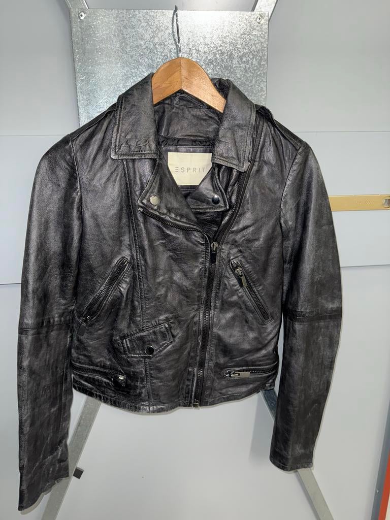 Vintage Esprit Leren Bikerjack - Echt Leer, Ophalen of Verzenden, Gedragen, Maat 36 (S), Zwart