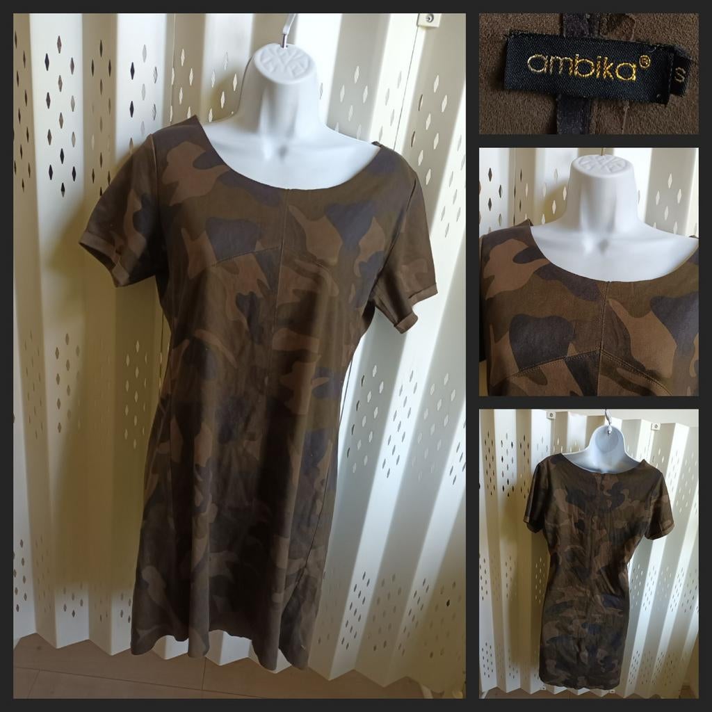 Ambika fake-suède army green-brown damesjurk stretch S, Kleding | Dames, Bruin, Ophalen of Verzenden, Zo goed als nieuw, Maat 36 (S)