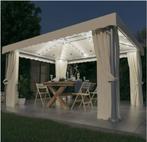 vidaXL Prieel met gordijn en LED-lichtslinger 4x3 m crèmewit, Ophalen, Nieuw, Tot en met 6