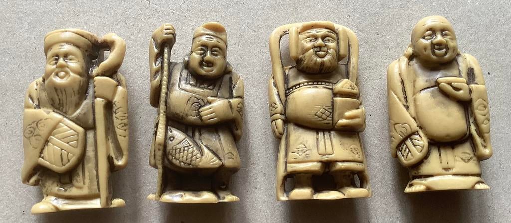 4 Oosterse beeldjes van Japanse Geluksgoden. Merk: Milkana., Ophalen of Verzenden