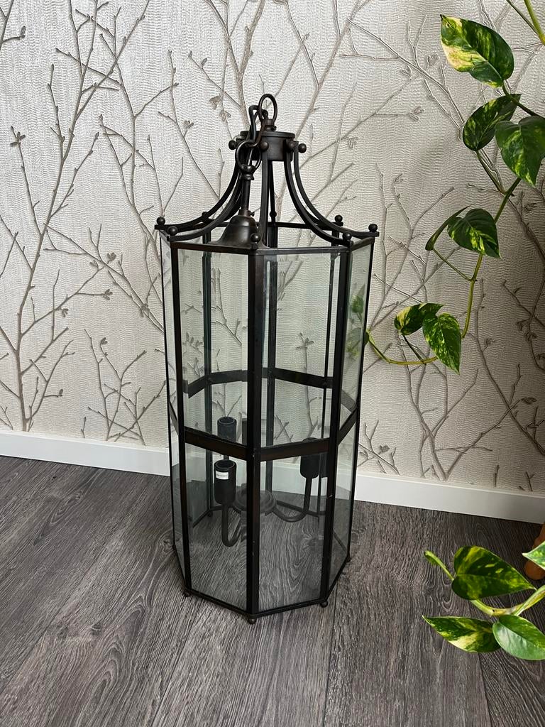 Elegante Zwarte Glazen Lantaarn Hanglamp, Ophalen, Zo goed als nieuw, Glas, 75 cm of meer