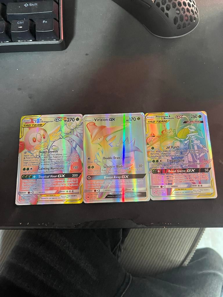 3 Pokémon kaarten: Rowlet & Alolan Exeggutor, Virizion GX, Verzenden, Gebruikt, Meerdere kaarten, Foil