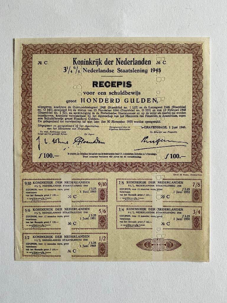 3¼% Staatslening 1948, Recepis 100 Gulden, Specimen, Postzegels en Munten, Aandelen en Waardepapieren, Ophalen of Verzenden, 1920 tot 1950