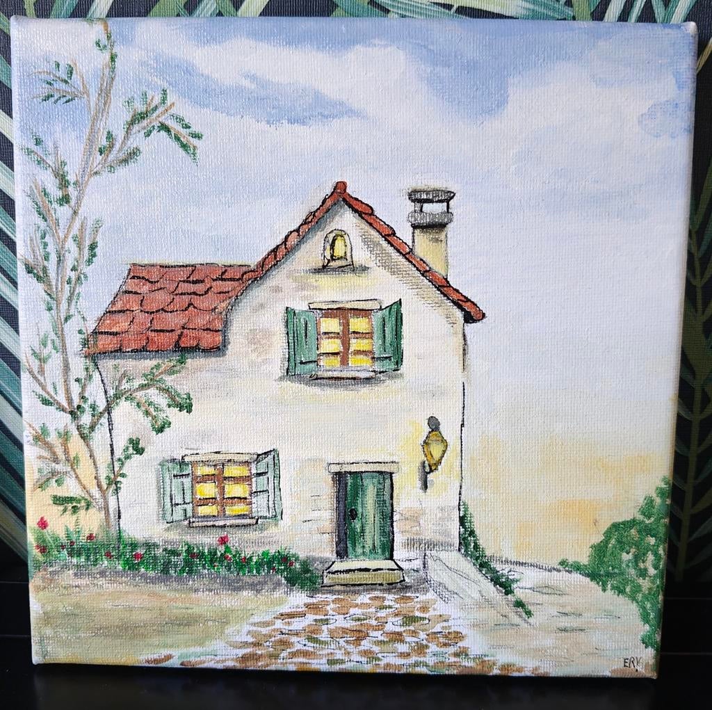 Origineel Schilderij Huisje in Avondlicht – 20x20 cm, Ophalen of Verzenden