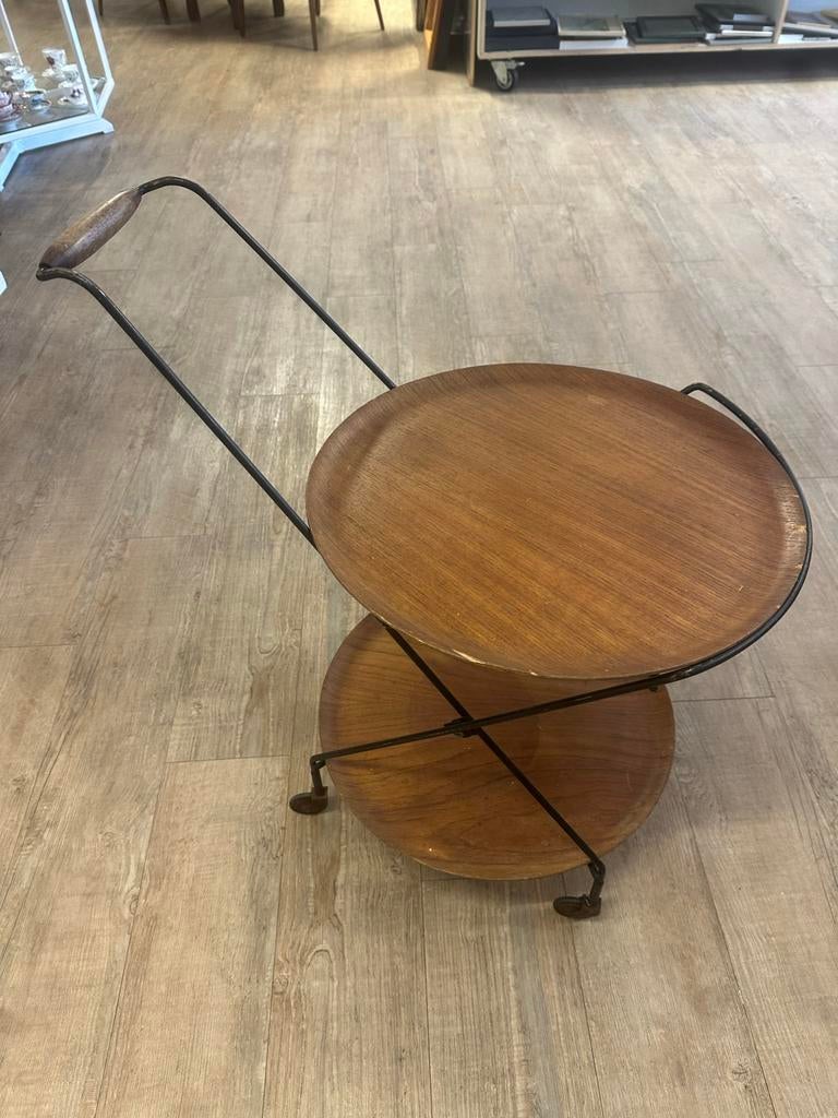 Vintage serveerwagen / theewagen hout en metaal, Ophalen, Gebruikt, Rond, 55 tot 75 cm
